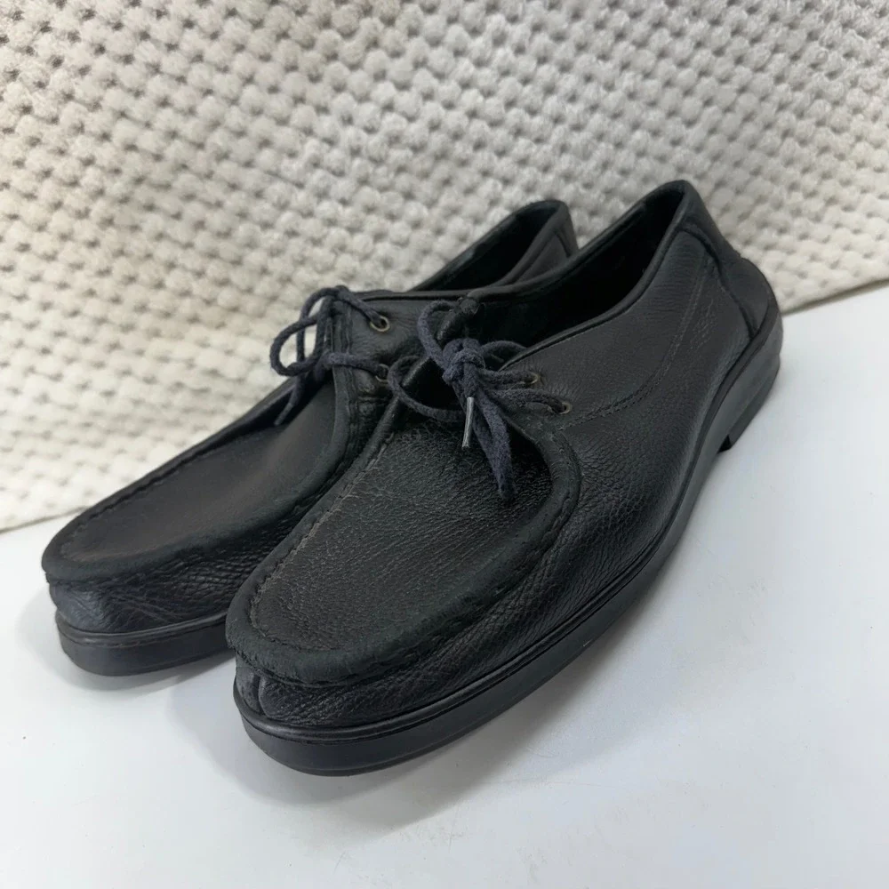 Minnetonka Moccasin Shoes Mens Black Pebbled Leather Lace Up Moc Toe Casual